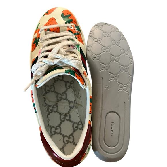 Gucci Ace Strawberry Print Leather Sneakers Low Top Web Stripe EU 37 US 7 - Picture 12 of 14